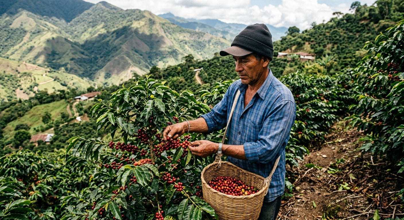 Juicy, fruited, and wine‑kissed. Colombia Granjeros de Huila Bourbon offers dark berry tones, rustic sweetness, and a hint of spice tea.