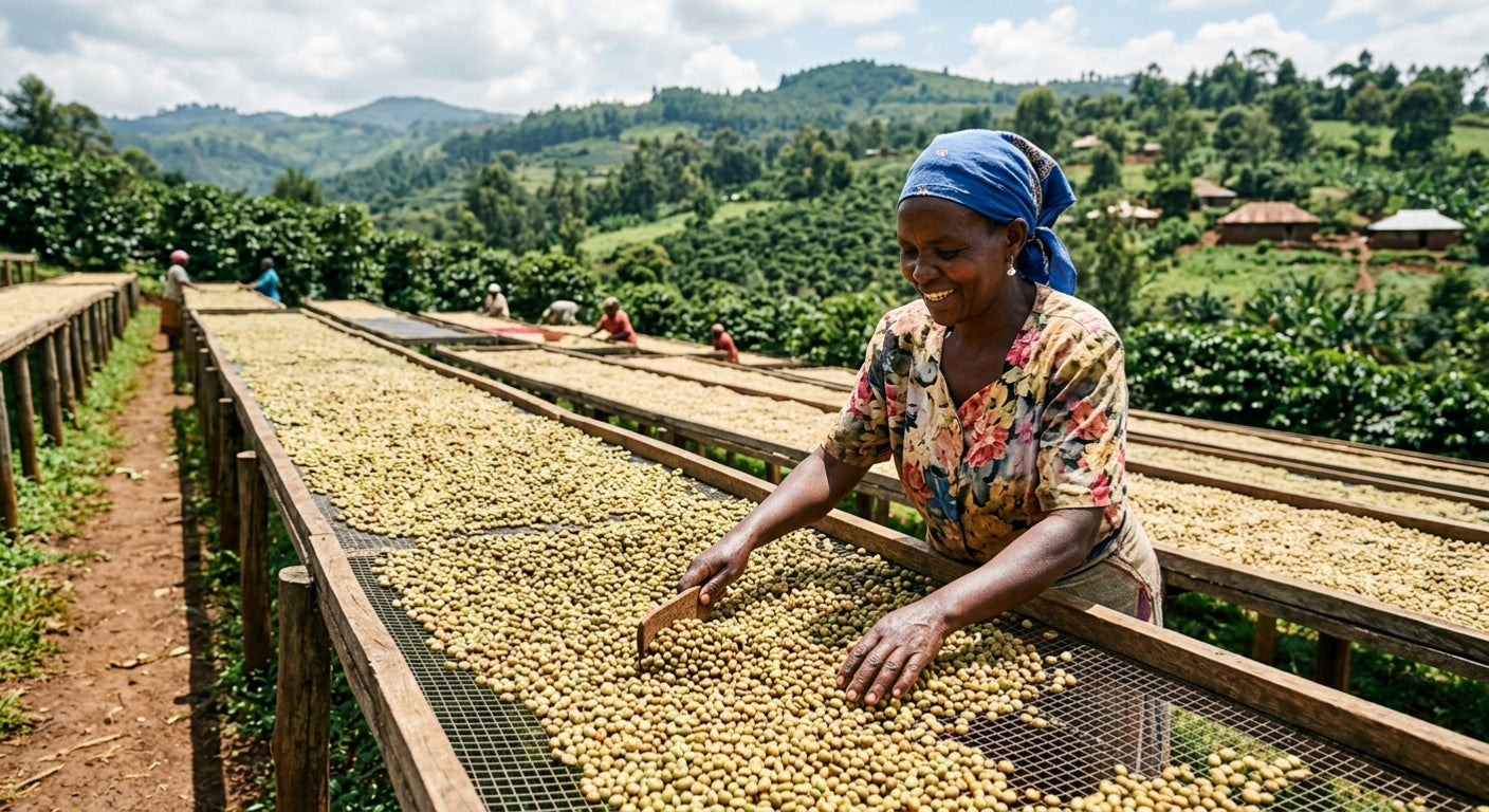 High‑altitude Kirinyaga peaberry coffee—caramel sweetness, blackberry acidity, and warming spice from SL‑28 and SL‑34 cultivars